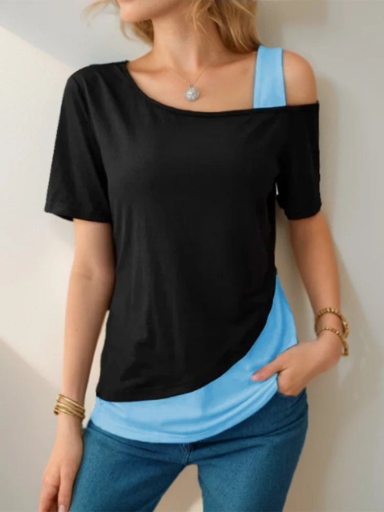 Chic Color Blocking Short Sleeved Women Solid Color Off Shoulder Asymmetric T-Shirt Female Summer Casual Tops