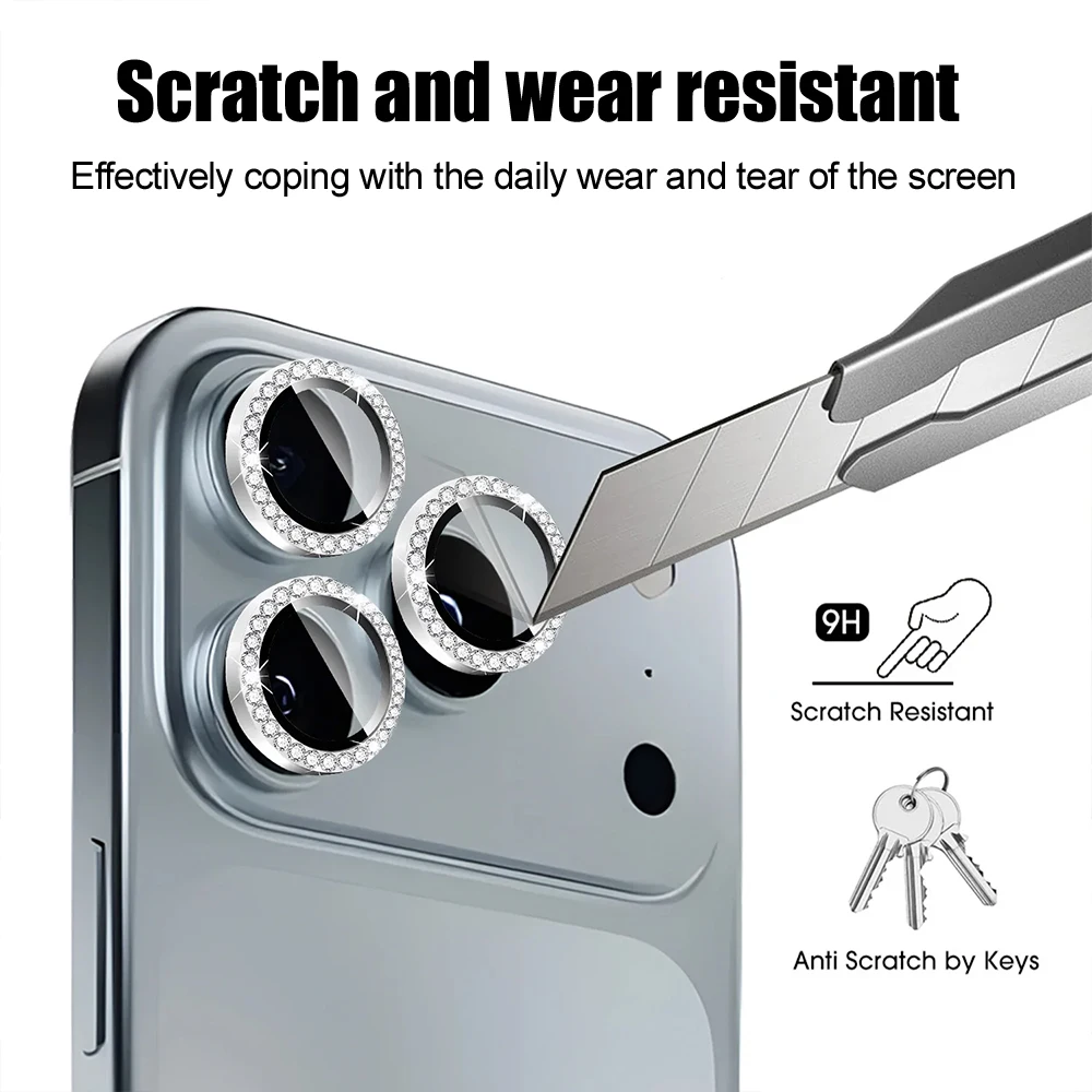 Glitter Camera Lens Protector For iPhone 17 16 15 14 13 12 11 Pro Max 9H Tempered Glass Screen Protector Cover Film Metal Ring