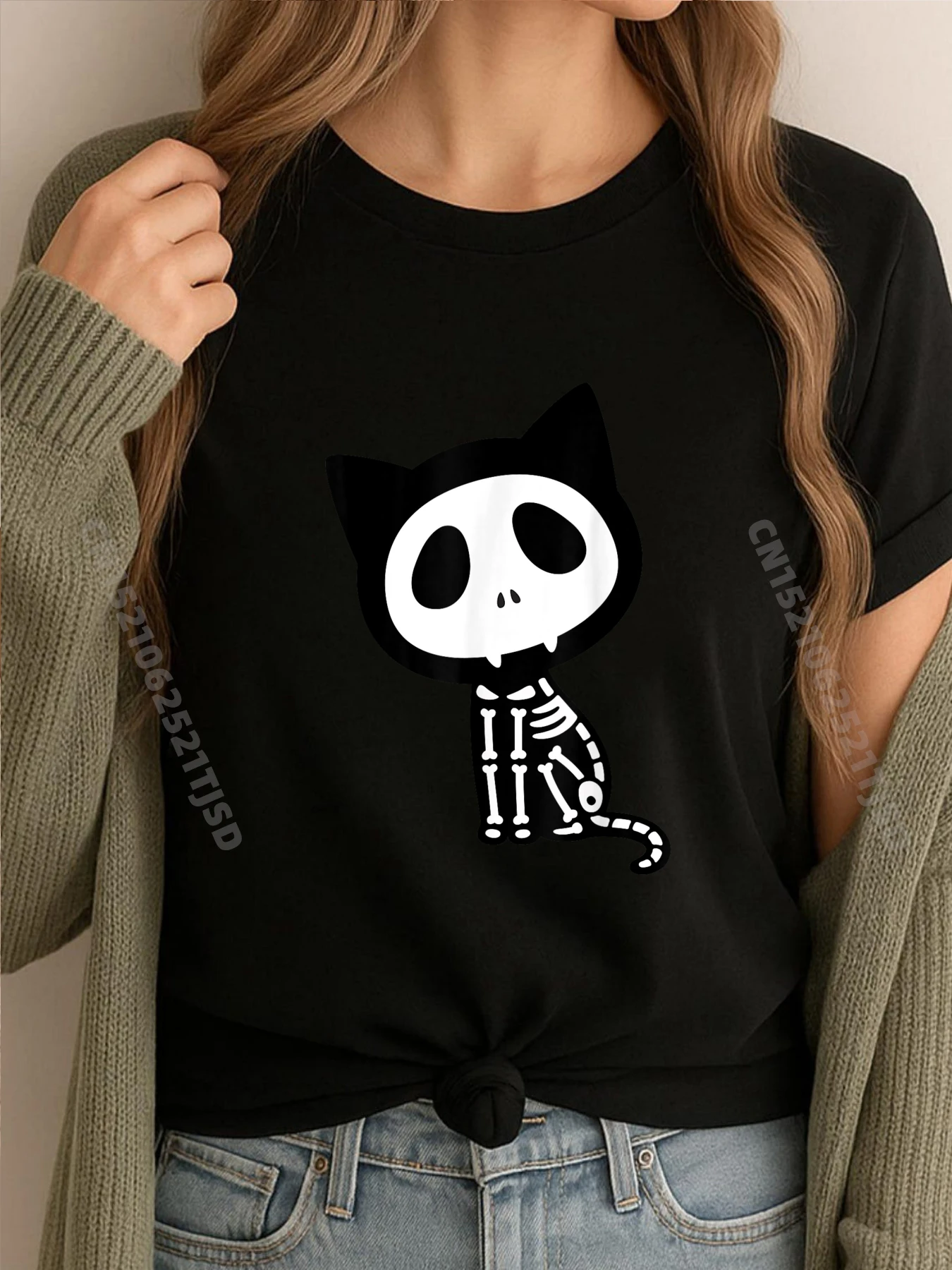 

Жуткий костюм со скелетом кота на Хэллоуин, графические футболки, женская футболка большого размера для пар, женская футболка европейского размера в винтажном стиле