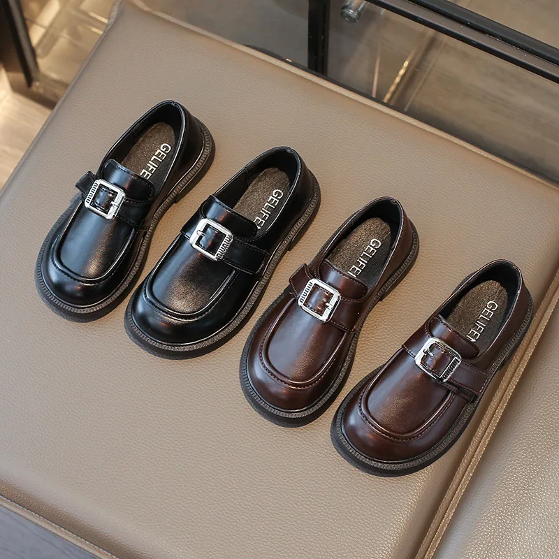 Children Leather Shoes Girls Buckle British Style Slip-on Loafers Boys Autumn New Student Single Shoes Size 26-36