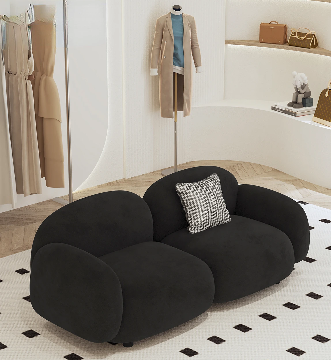 Black two-seater sofa in small cab with lamb's wool