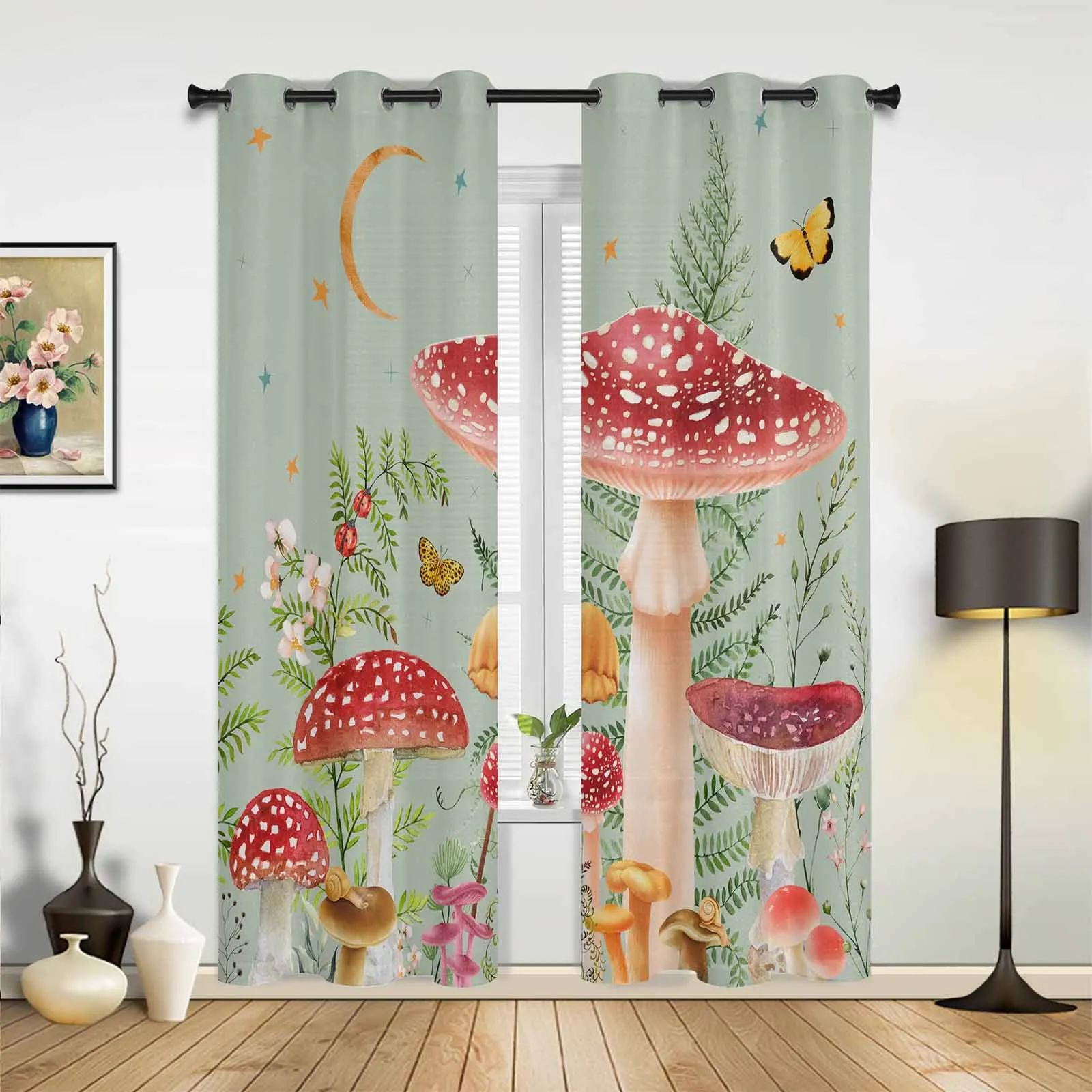 Mushroom Plants Ladybugs Foxes Leaves Green Living Room Curtains Modern Home Decor Kitchen Drapes Bedroom Window Curtains