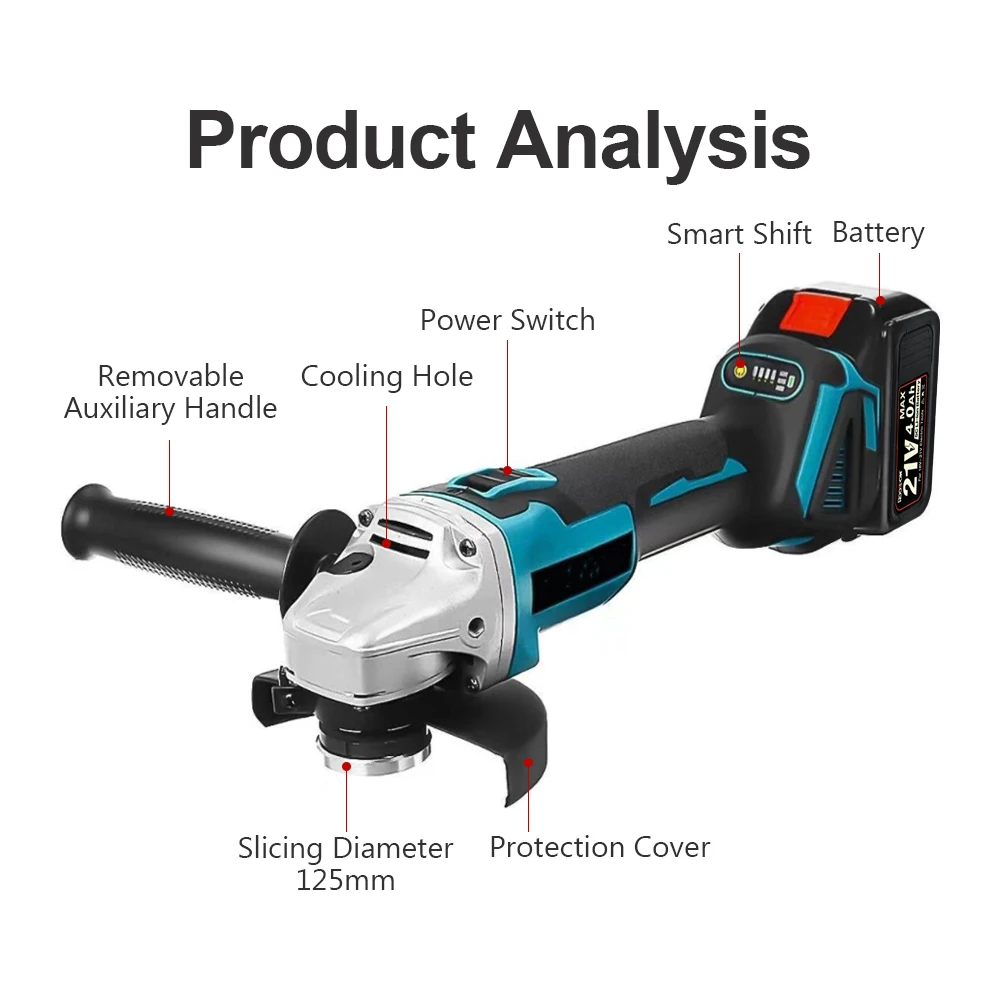 125mm Brushless Electric Angle Grinder 3 Speed Li-ion Battery Cordless Cutting Polishing Grinding Power Tool For Makita Battery