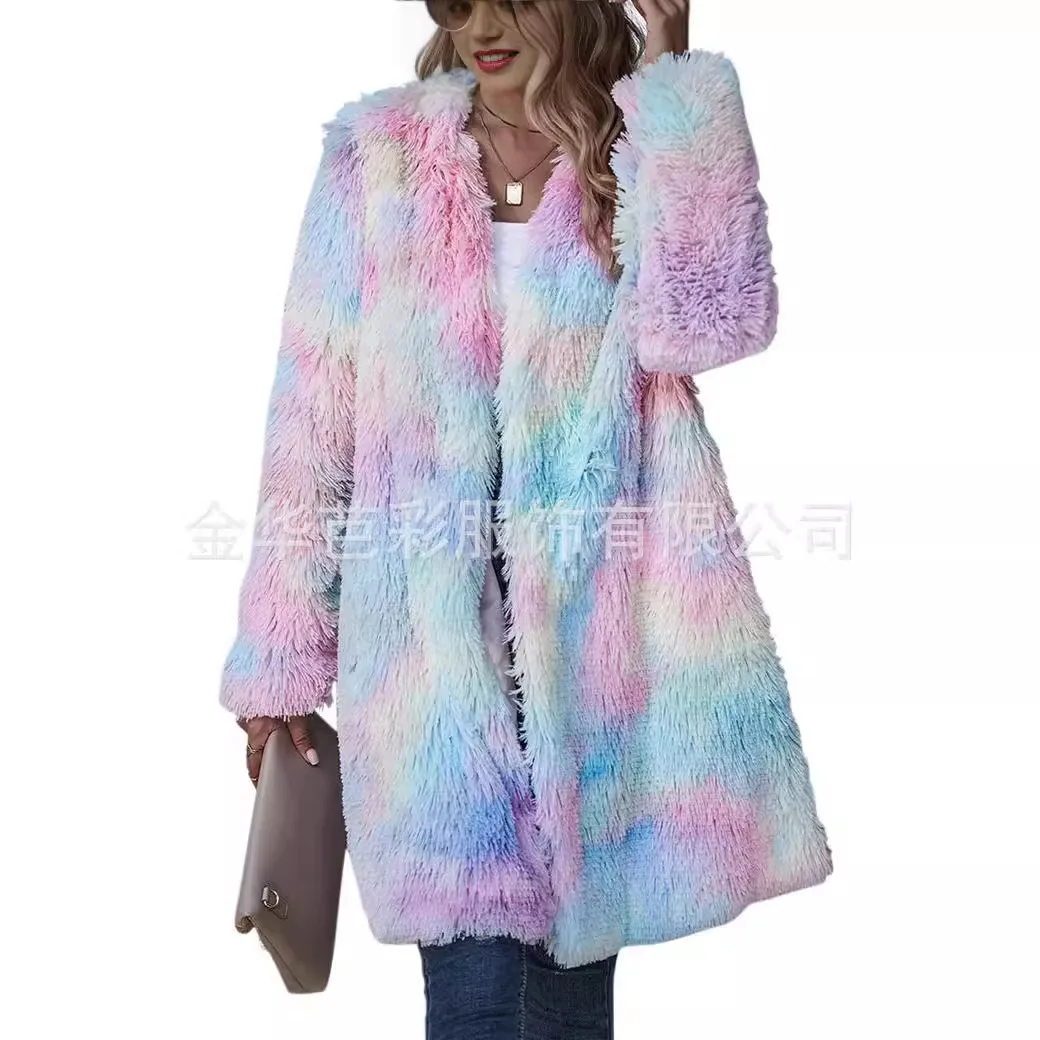 Faux Fur Jackets Women Mid Length Coat Autumn Winter Fluffy Shaggy Thick Warm Print Overcoat Open Stitch Outerwear High Street