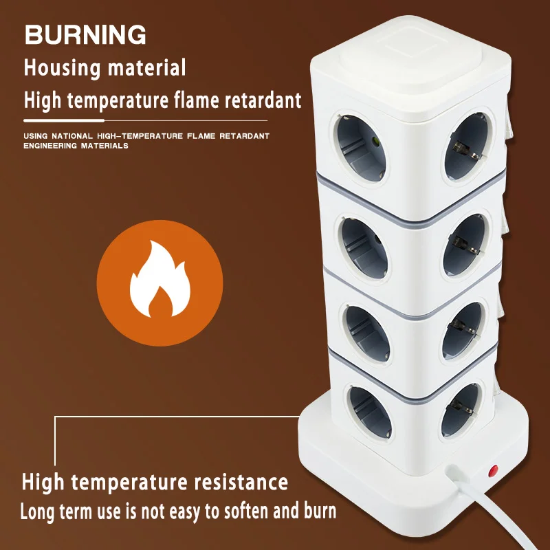 Tower Outlets Socket Multi Power Strip Vertical 1.8m Extension Cord EU Plug with 3 USB C Overload Protector Switch Fast Charger