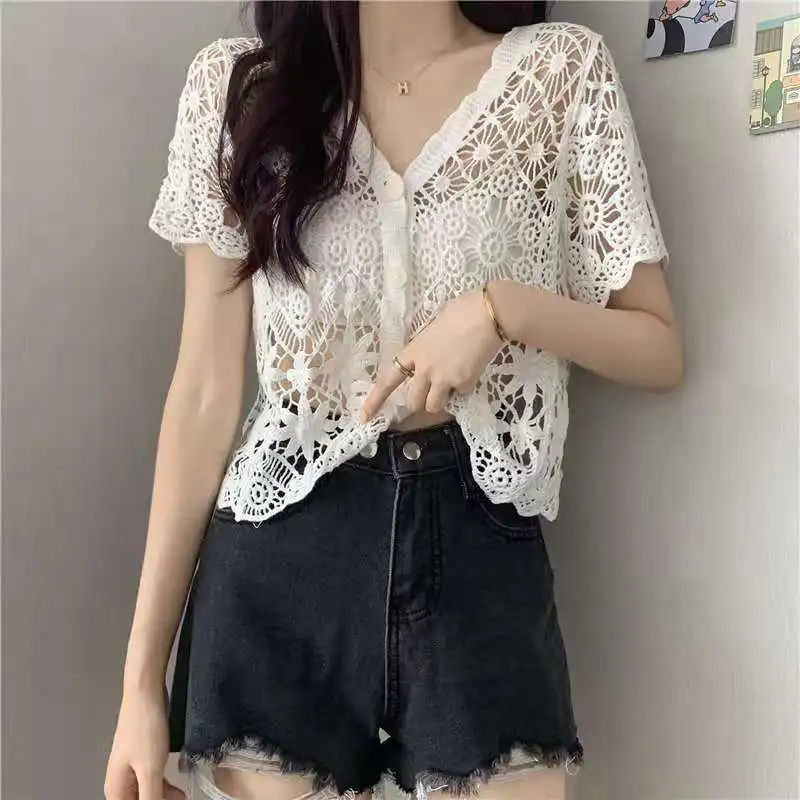 2024 Summer Korean Fashion Minimalist Sweet Style Blouses Loose Short Sleeved Hollow V-neck Solid Color Button Women\'s Shirt Top