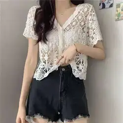 2024 Summer Korean Fashion Minimalist Sweet Style Blouses Loose Short Sleeved Hollow V-neck Solid Color Button Women's Shirt Top