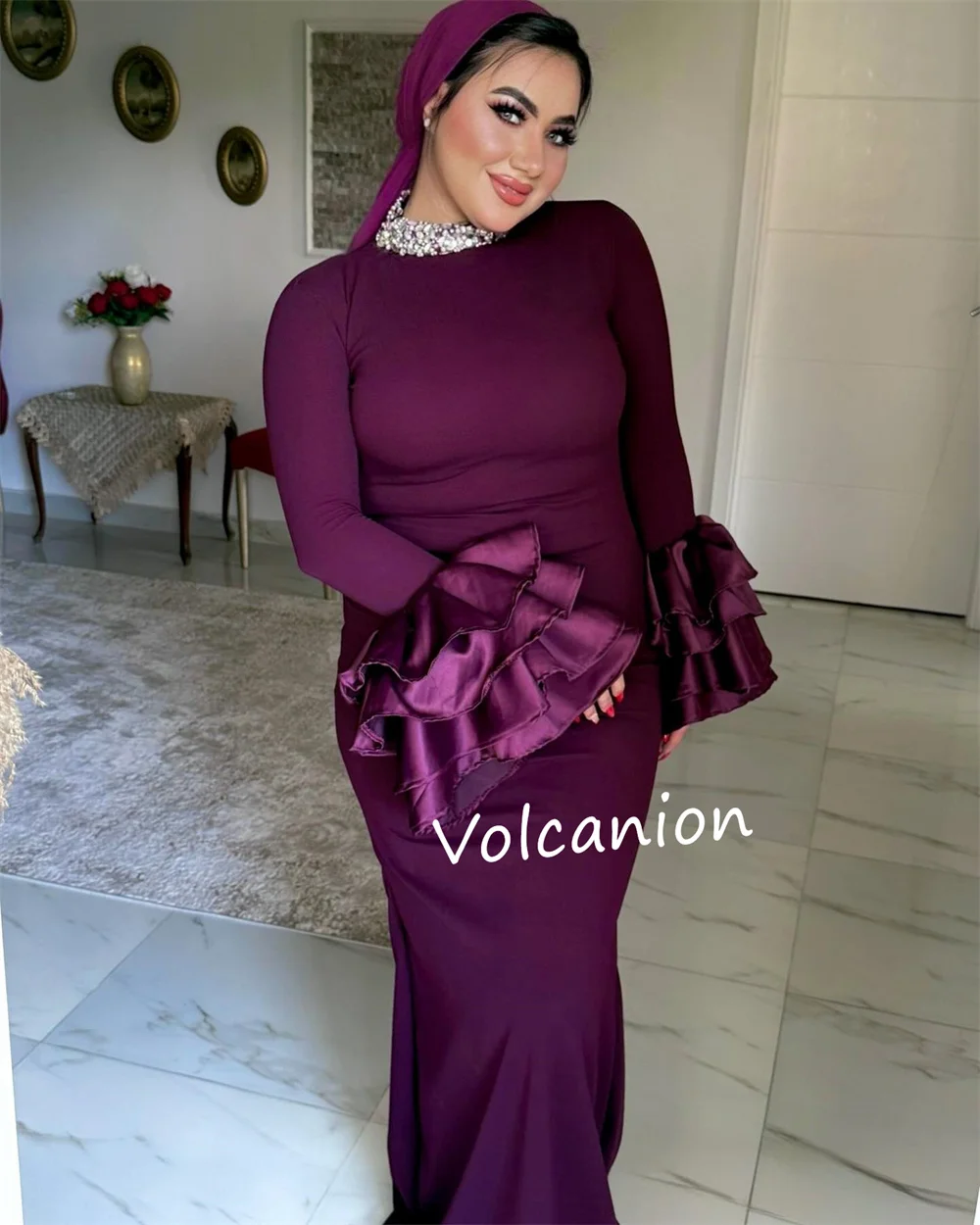 Jersey personalizado rebordear volante vaina cuello alto vestidos largos ocasión a medida fiesta de noche clásico Formal elegante