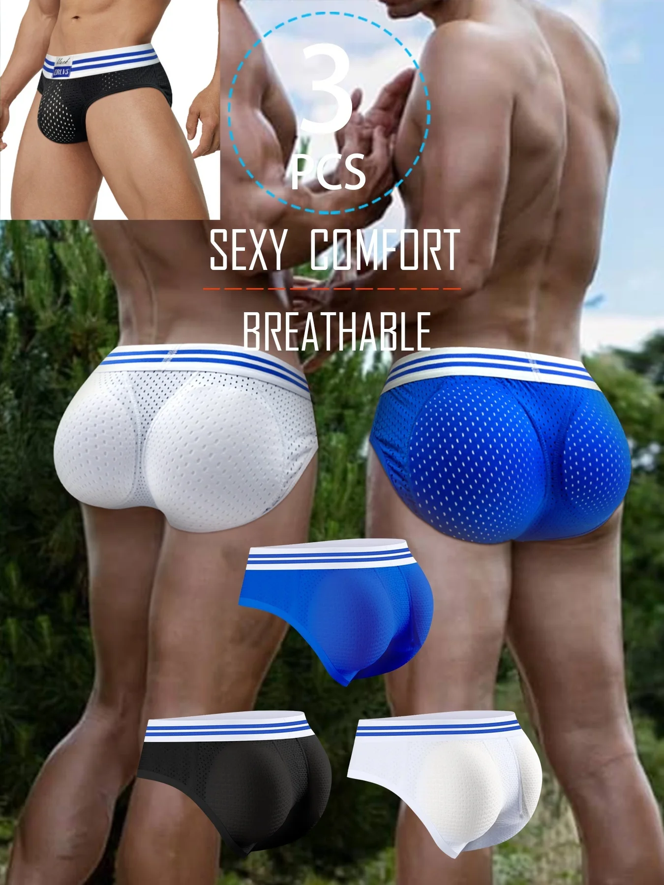 

3psc Men's Nylon Mesh Briefs - Seamless Padded Pouch, Quick-Dry Sports Underwear Low-Rise Breathable Stretch