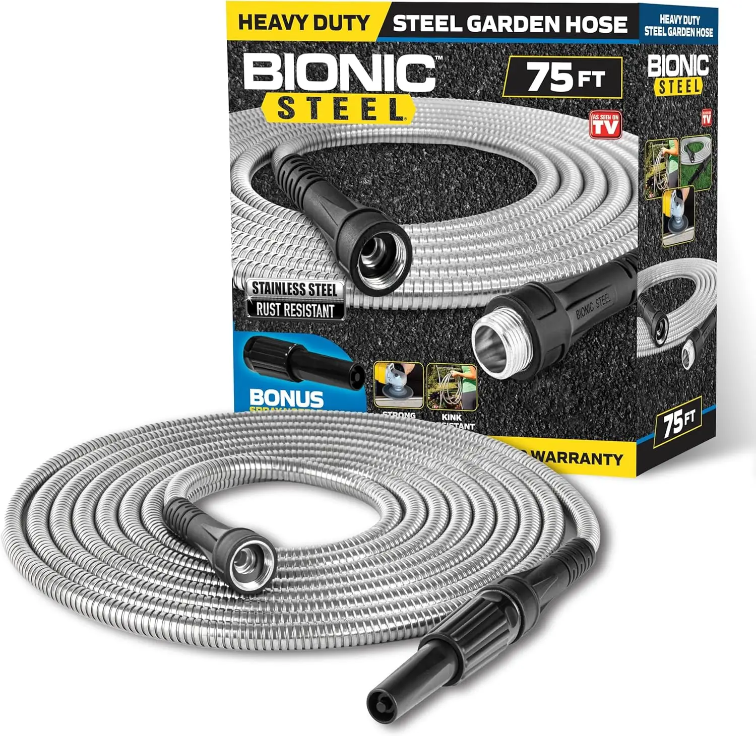 

75 Ft Garden Hose 304 Stainless Steel, Lightweight Flexible Metal Water Hose with Crush Resistant Fittings, Kink Free & Rust