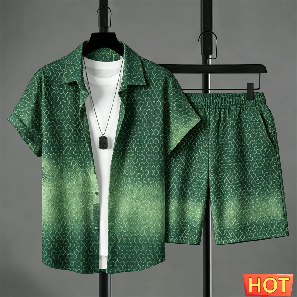 Sommeroutfits Herren Hemdset Farbverlauf Freizeit-Hemdset Einfarbiges 2-teiliges Set Freizeit-Urlaubsoutfit Zweiteiliges Mode-Outfit