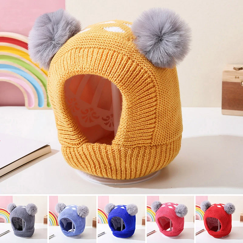 Winter Baby Knitted Hat Solid Color Pompon Beanie Cap Kids Boy Girl Thick Warm Plush Ear Caps Bonnet For Boys Girls