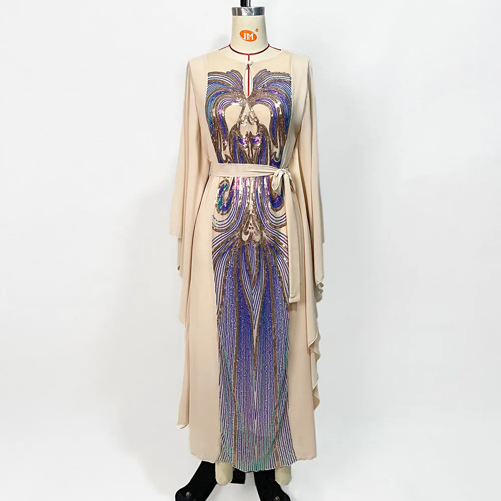 Elegant Floral Embroidery Sequins Butterfly Sleeves Belted Kaftan Ladies Evening Dresses Casual Loose Arab Muslim Women Clothes view 3