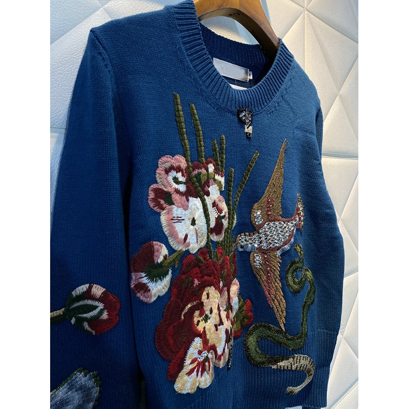 Runway Luxury Sweater Women Embroidered Sequin Beaded Rhinestone Flower Bird O-Neck Sweater Blue Pink Clothes Spring New