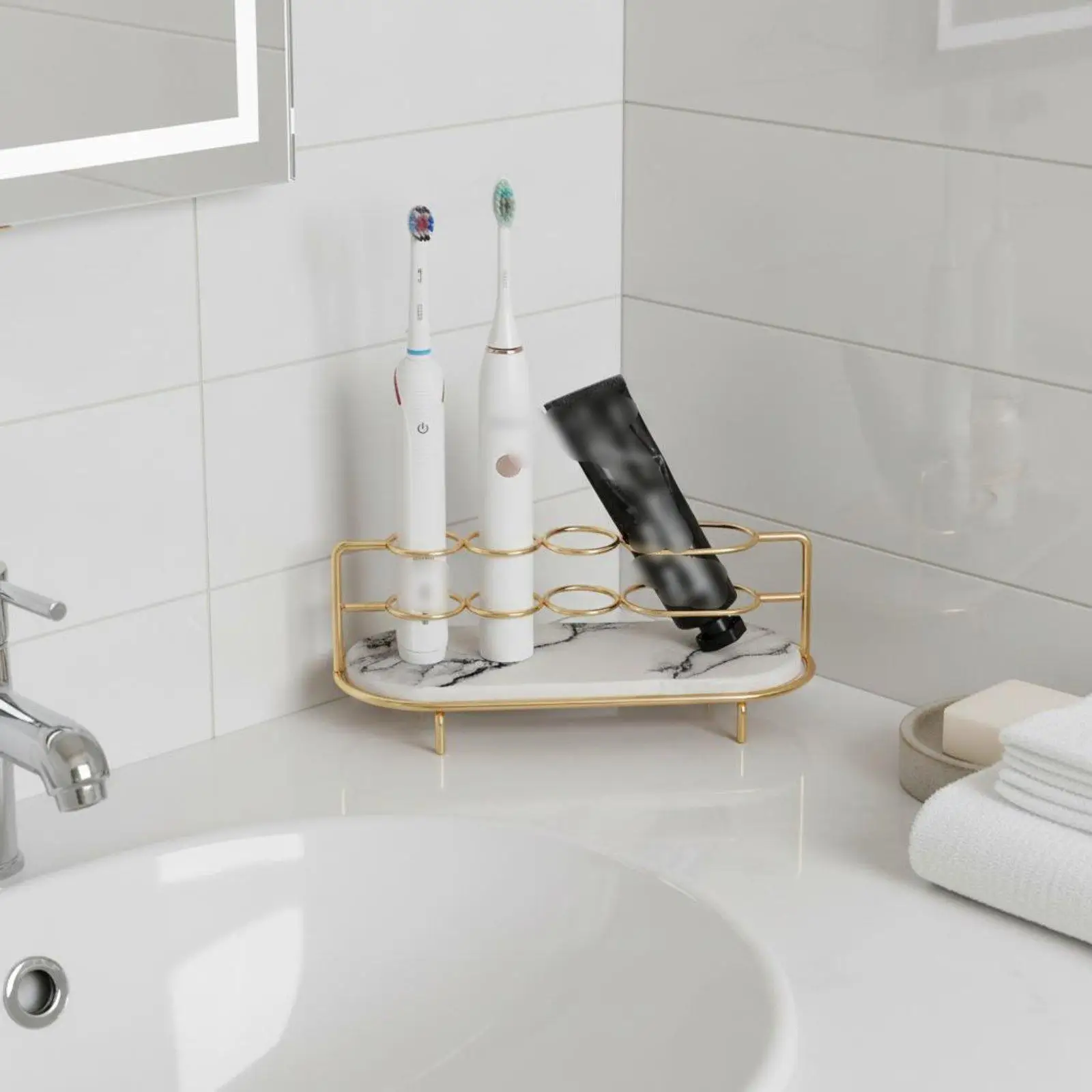 Marble Patterned Bathroom Shelf with Wrought Iron Frame for Toothbrush Storage and Personal Care Items Organizer