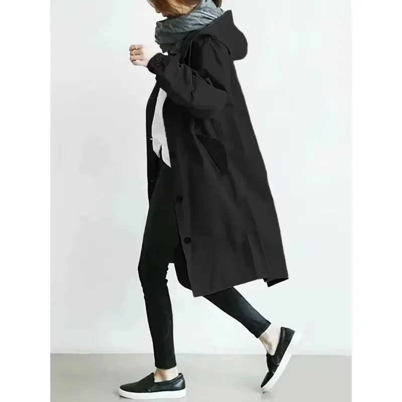 Plus Size Kapuzen-Trenchcoat, klassische Mode, lockerer Damen-Windbreaker-Mantel, Khaki, Schwarz, lässige Oberteile