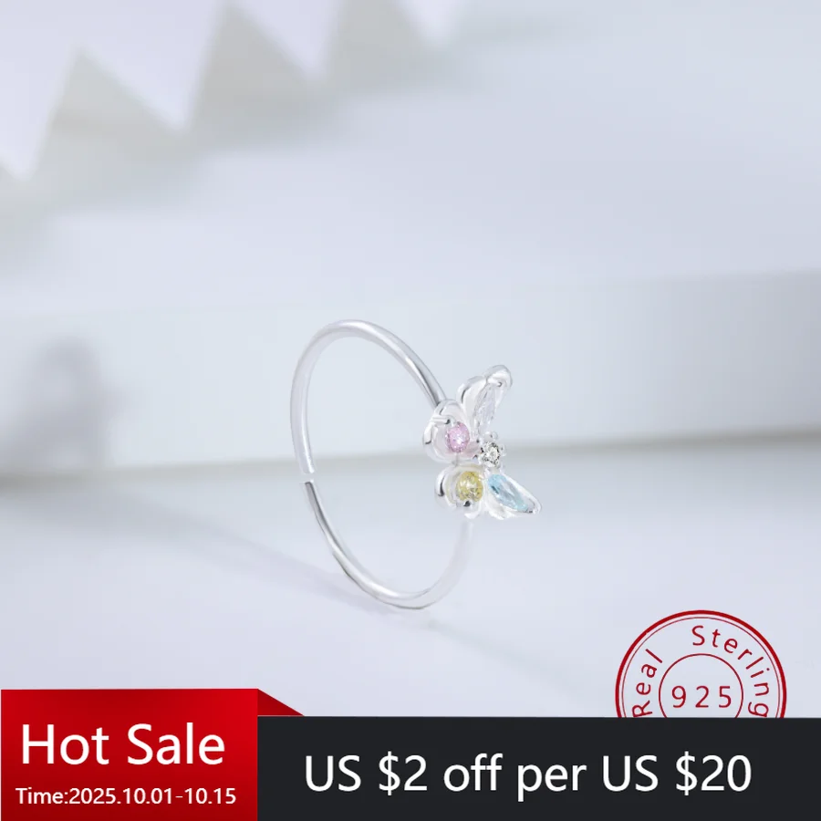 

Sterling Silver Women's Color Diamond Butterfly Fairy 3D Ring Delicate and Sweet, Girlish Heart, Fresh and Light Luxury Jewelry