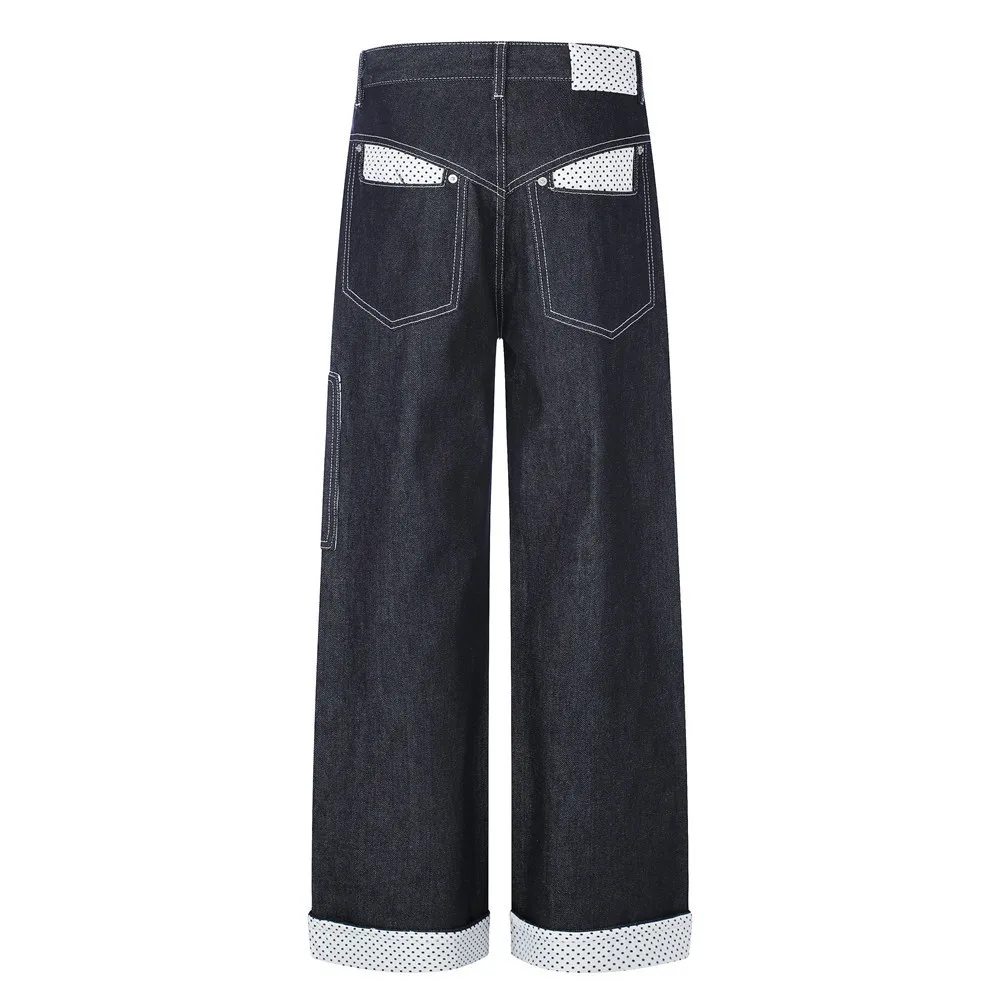 MWJLPWQ Men Straight Jeans Rolled Hems Polka Dot Patchwork Contrasting Color Pocket Design Loose Casual Fit Vibe Trousers 20969