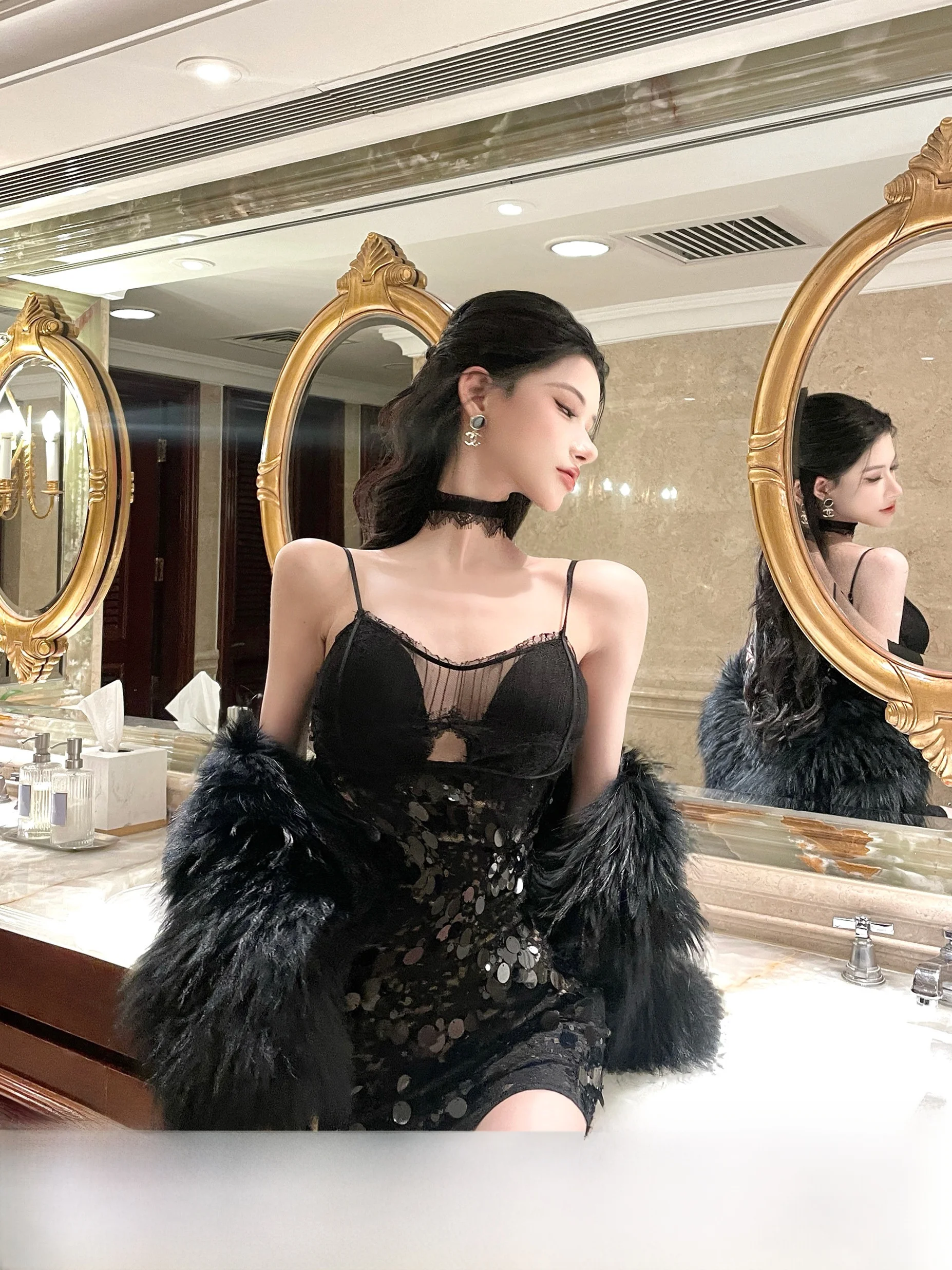 

Сексуальная кружевная облегающая юбка-бодикон с пайетками и разрезом для женщин, весна-осень-зима, черная, модная