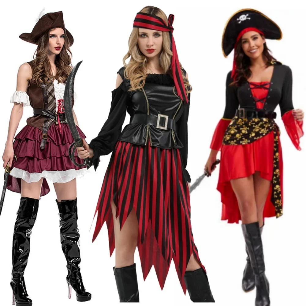 Hermoso Disfraz de Personaje Pirata Femenina para Actuación, Fiesta de Disfraces Caribeños, Actuación Escénica, Elementos a Rayas