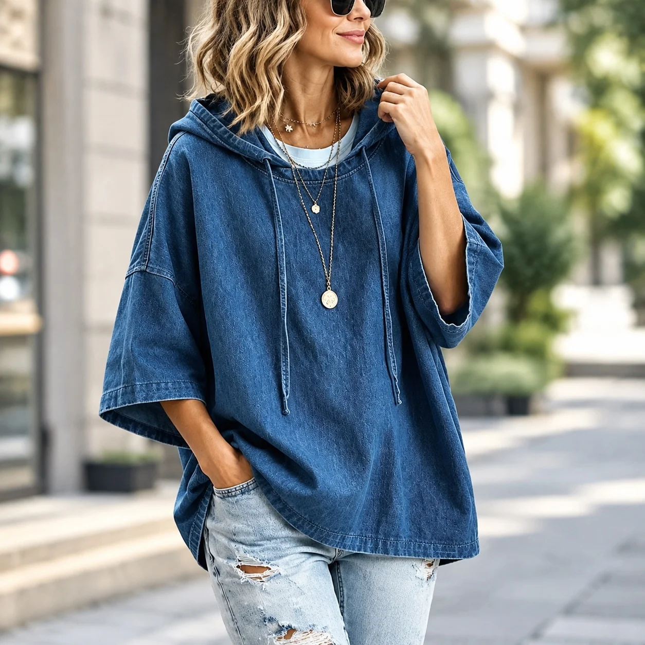 Hooded Three Quarter Sleeve Top Loose Fit Commuter Style with Elegant Commuter Mid Length Batwing Sleeve Summer for Women