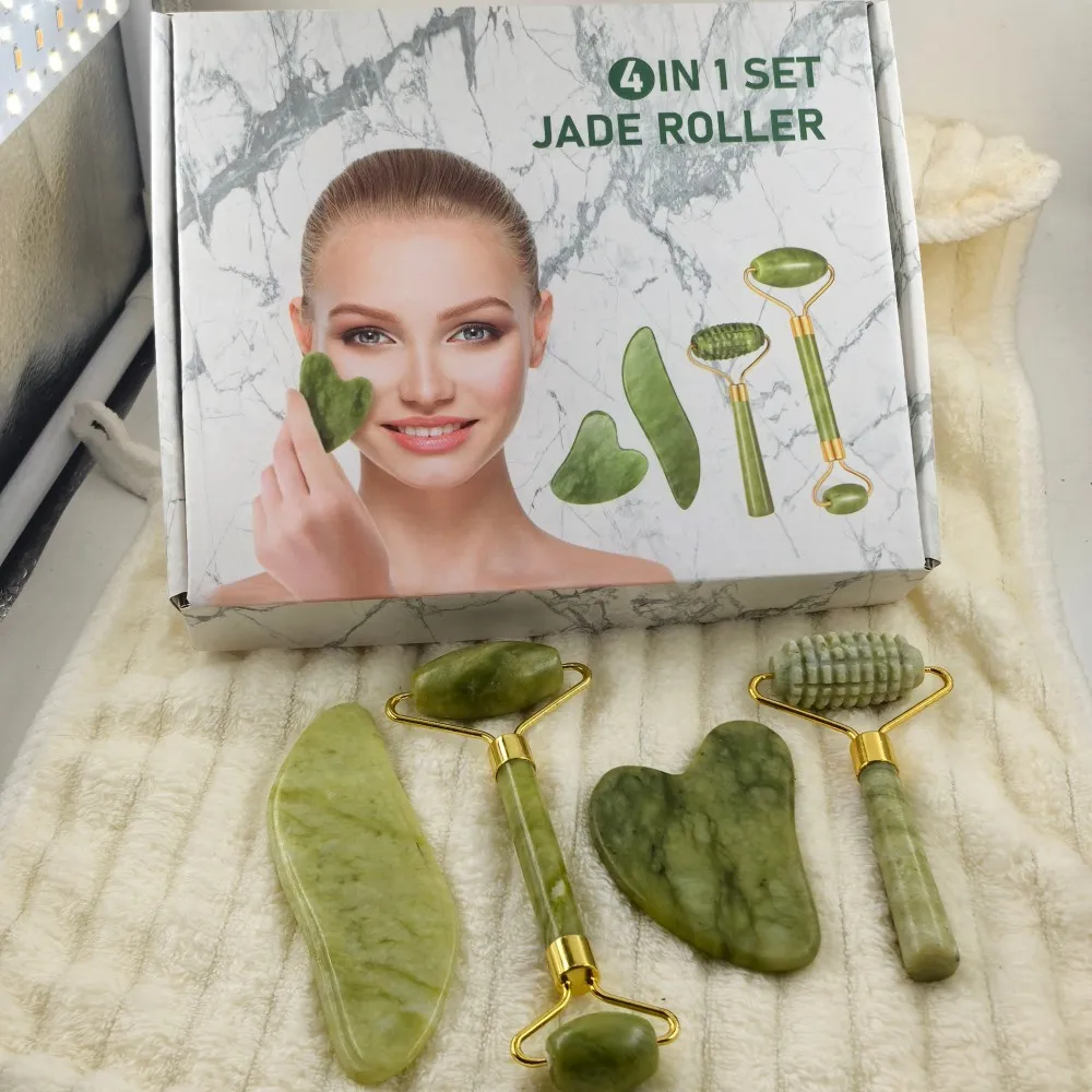 

Нефритовый массажер, набор из 4 предметов, портативный массажер для шипов всего тела, гладкий и теплый массажный ролик для лица