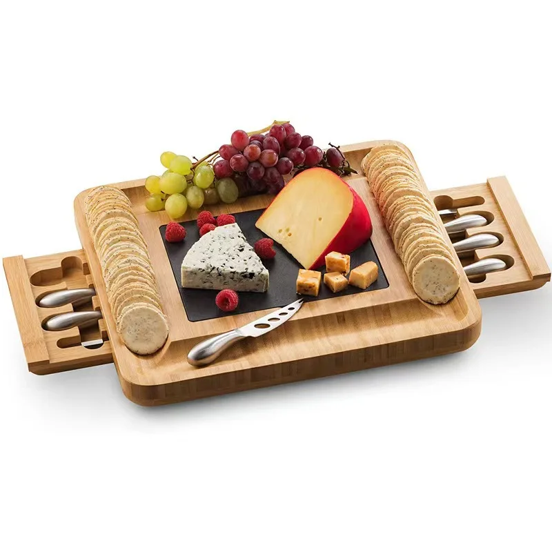 Bamboo Cheese Board Set with 6 Stainless Steel Knives - Natural Wood and Slate Plate