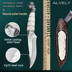 Hunting Knife Handmade VG10 Damascus Steel Antler Fixed Blade Tactical Knife With Sheath Jungle Survival Knife Camping EDC Tool