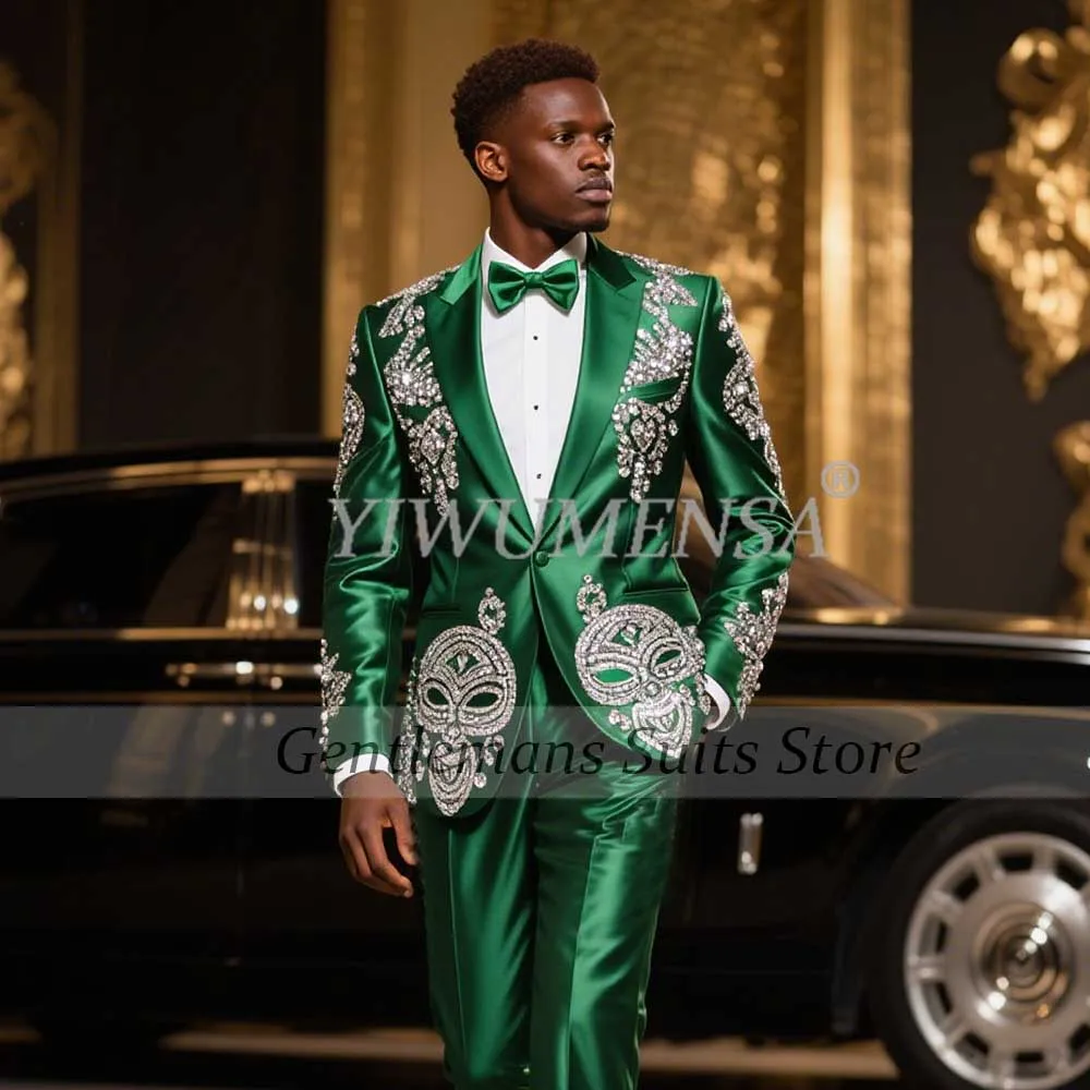 

Sparkly Sliver Crystals Beaded Satin Suit Men Luxury Single Breasted Jacket Pants 2 Pieces Groom Tuxedo Customized 2 Pieces Sets