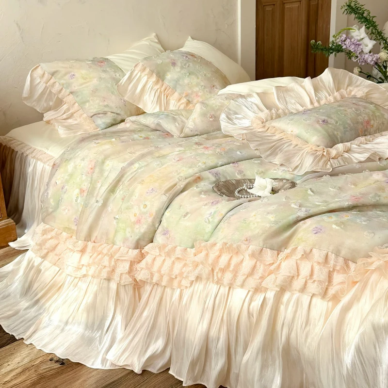 Romantic Long Staple Cotton Four Piece Set Pure Cotton Glass Yarn Three-dimensional Flower Duvet Cover Bed Skirt Bedding