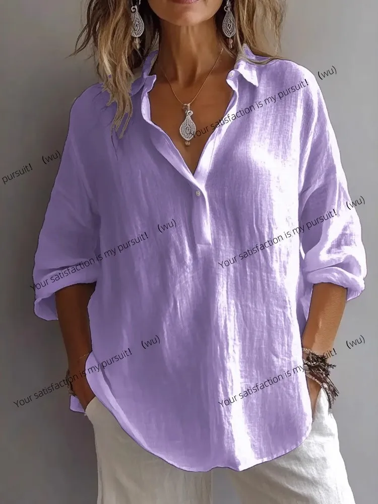 ZOCI-Kemeja Atasan Warna Polos Kasual Wanita Atasan Linen Katun Lengan Panjang Elegan Kemeja Kasual Kantor Pakaian Wanita