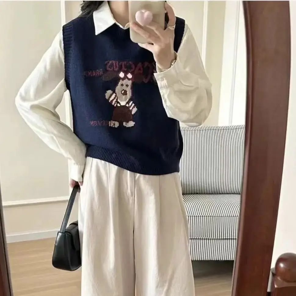 Korean Fashion puppy Embroidered Knitted Vest Vintage Sweater Women Casual O-neck Sleeveless Knitted Vest Women Jumper Pullover