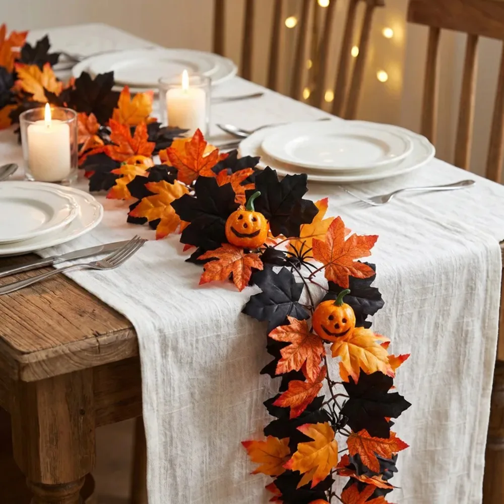 1Pcs Halloween Artificial Maple Leaf Garland 175cm Fall Autumn Fake Foliage Vine Hanging Ivy for Home Party Wall Fireplace Decor