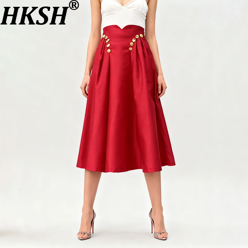 

HKSH Women Skirt Elegant Metal Decoration Pleated A-line Solid Color Versatile Fashion Ins Skirts New Spring Summer 2026 HK19326