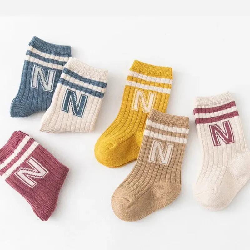 3 Pairs Infants Letter Socks Cotton Knit Soft Cute Toddler Boys Casual Socks Kids Baby Girls Striped Middle Tube Long Socks