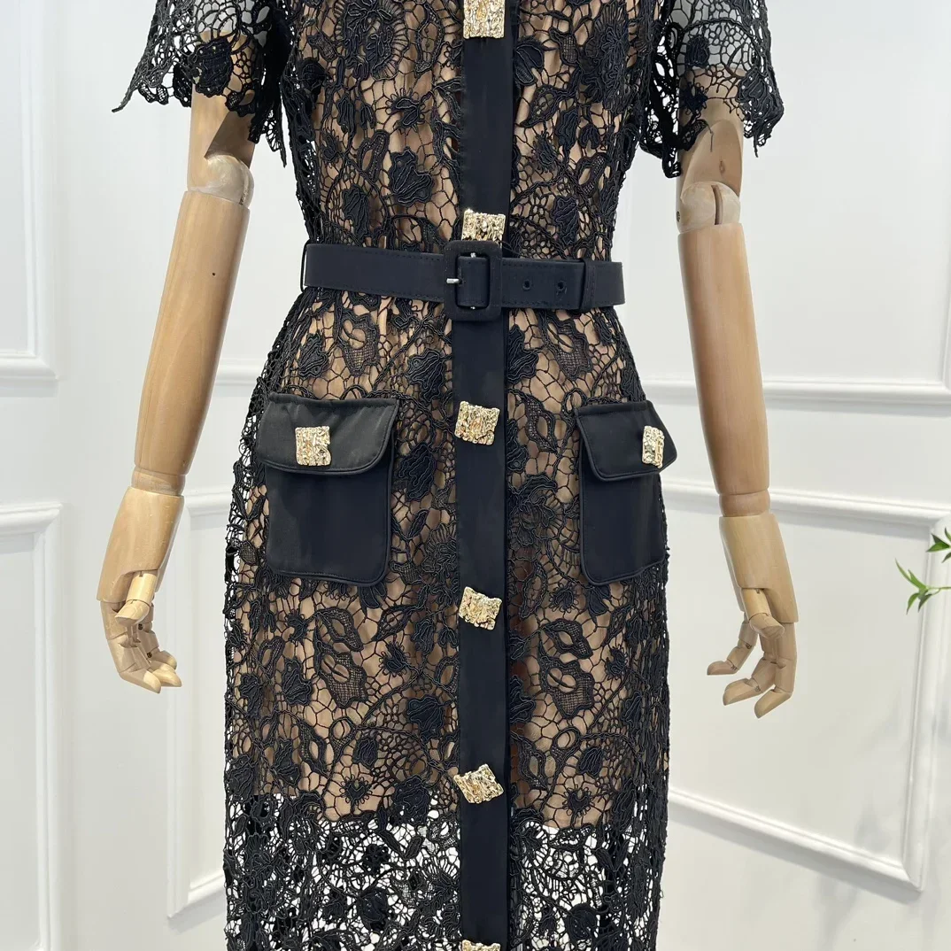 Top Quality 2023 Vintage Black Lace Patchwork Embroidery Pockets Diamond Buttons Midi Women Dress Spring Summer