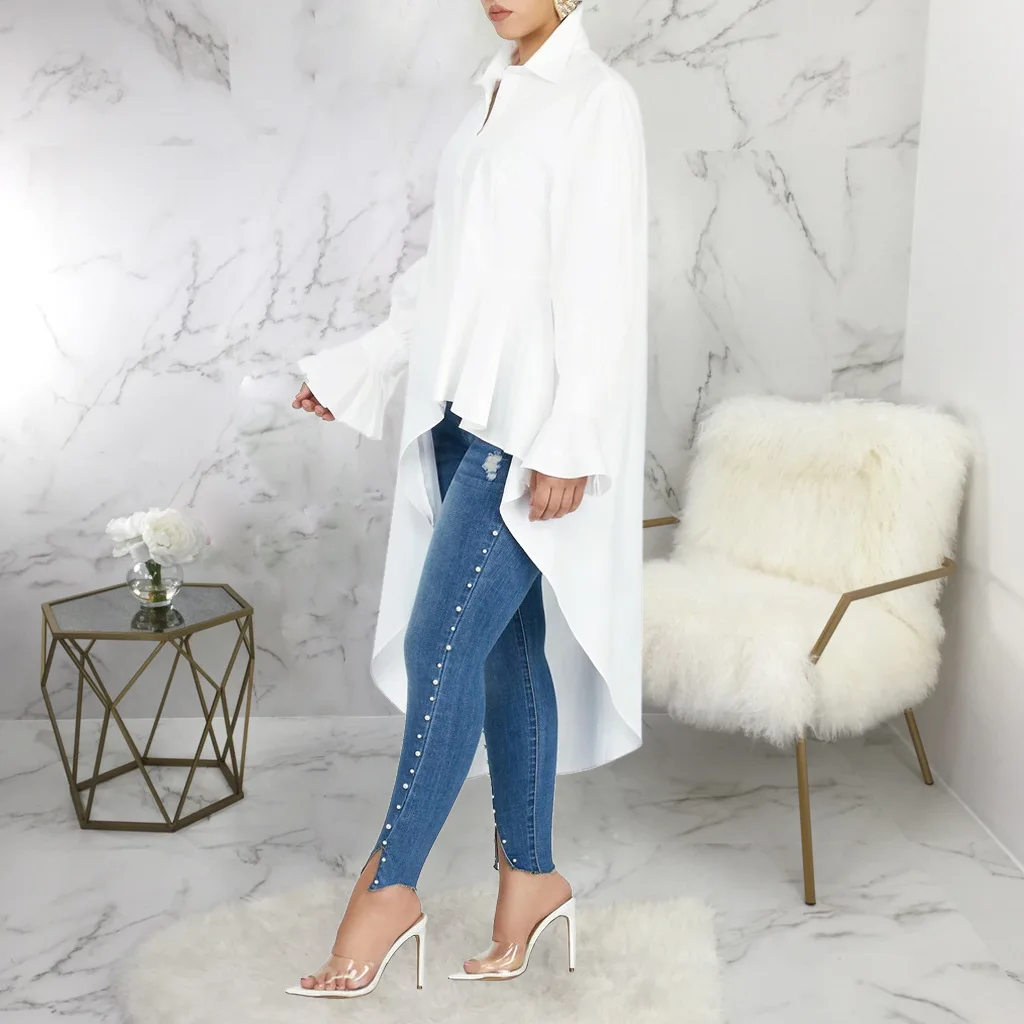 Chic Large Size Asymmetrical Line A Blouse Trend Shirts Women Hem Shirt Leisure Long Sleeves Button Tops Lapale Neck White Dress