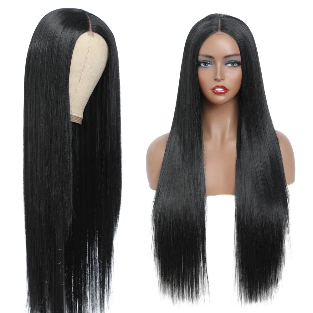 Smooth Long Straight Black Hair Wig Middle Part Lace Wigs for Black Women Custom Natural Synthetic Wig Small Area Lace Part Wig