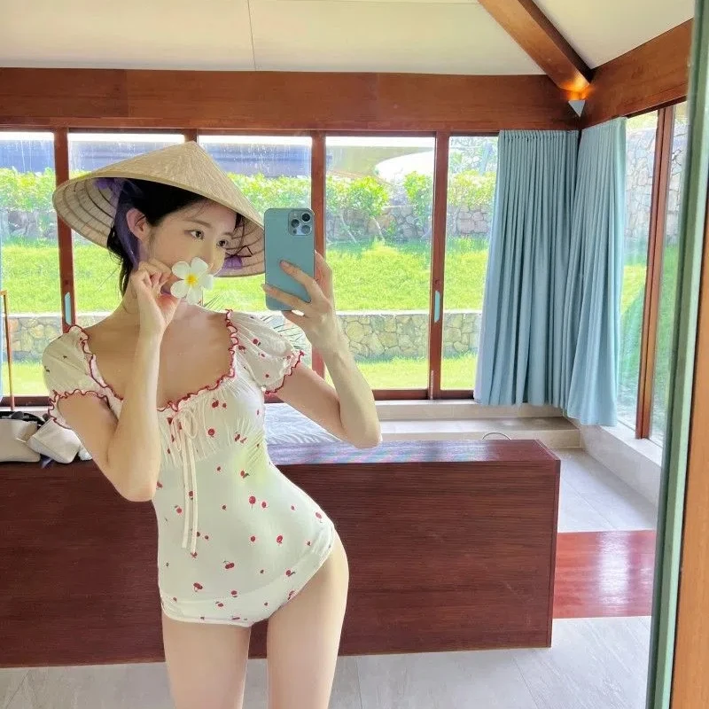 

Cherry Print One Piece Swimsuit Women Swimwear 2025 New Korean Frill Bodysuit Monokini Sexy Short Sleeve Beach Wear Bathing Suit