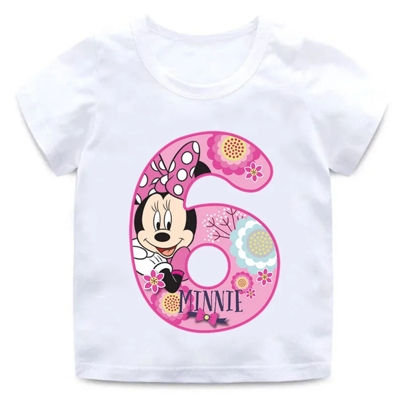 New Minnie Mouse Birthday Number Print Children T-Shirt Kawaii Tees Tops Girls T Shirt Anime Cartoons Casual Kid Summer Clothing