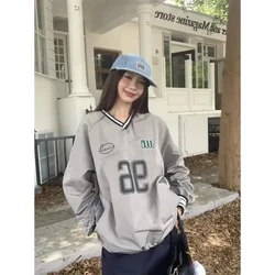 Deeptown Korean Fashion V-neck Pullover Women Graphic Sweatshirts Y2k Streetwear Long Sleeve Hoodie Autumn Tops Hippie Aesthetic