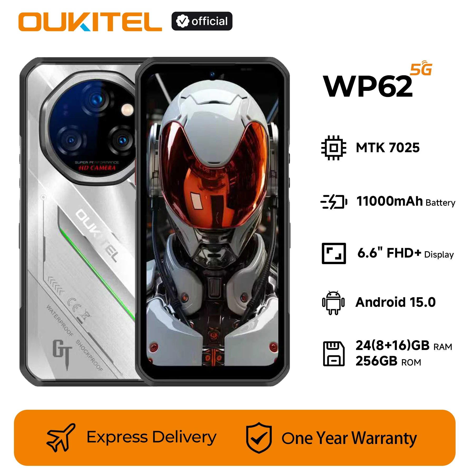 

Oukitel WP62 11000mAh 5G Rugged Smartphone 24GB(8+16) +256GB ROM, 6.6" FHD+ 108MP Camera Mobile Phone Android 15 NFC Cellphone