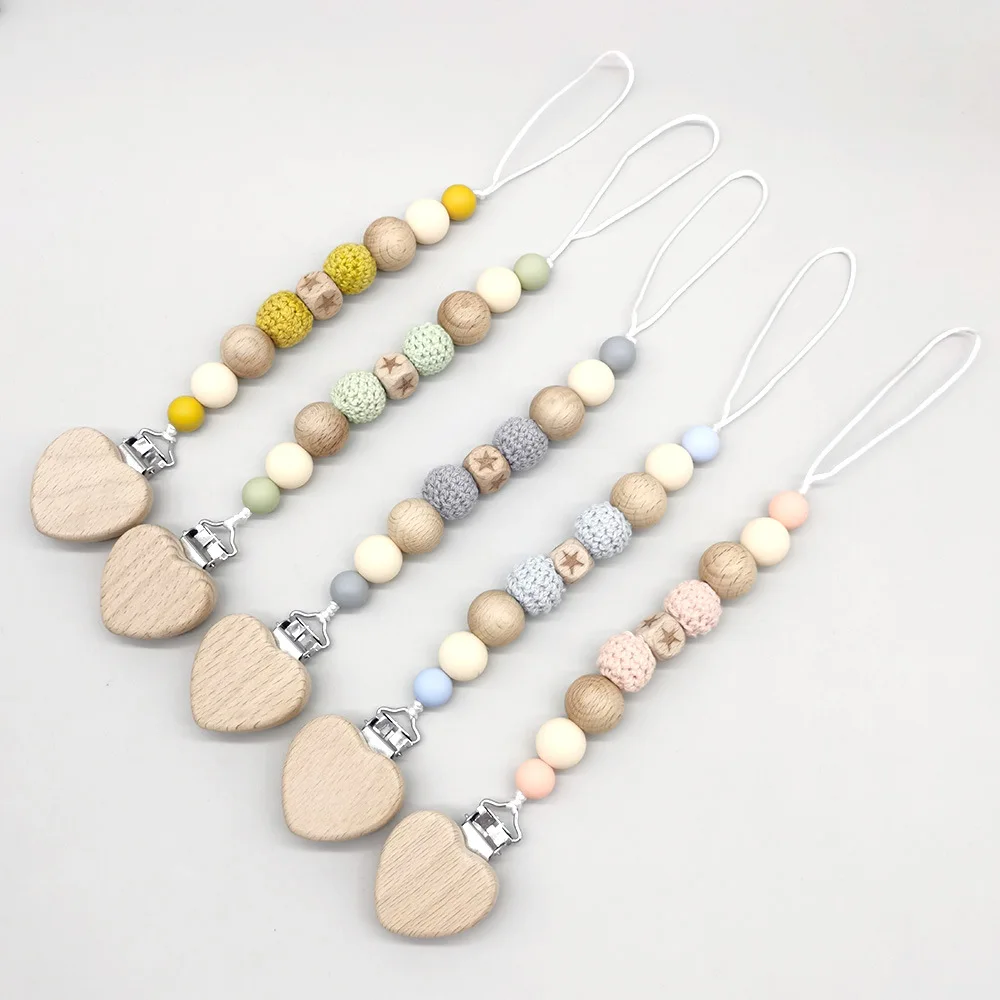 

Food Grade Baby Pacifier Clip Chain Silicone Wood Heart Round Beaded Teething Nipple Holder Chain For Care Chew Toy Shower Gifts