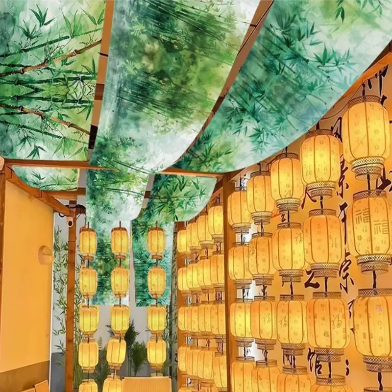 VIKAMA Ceiling Hanging Curtain Chinese Green Bamboo Decorative Banner Restaurant Bar Cafe Wedding Home Decor