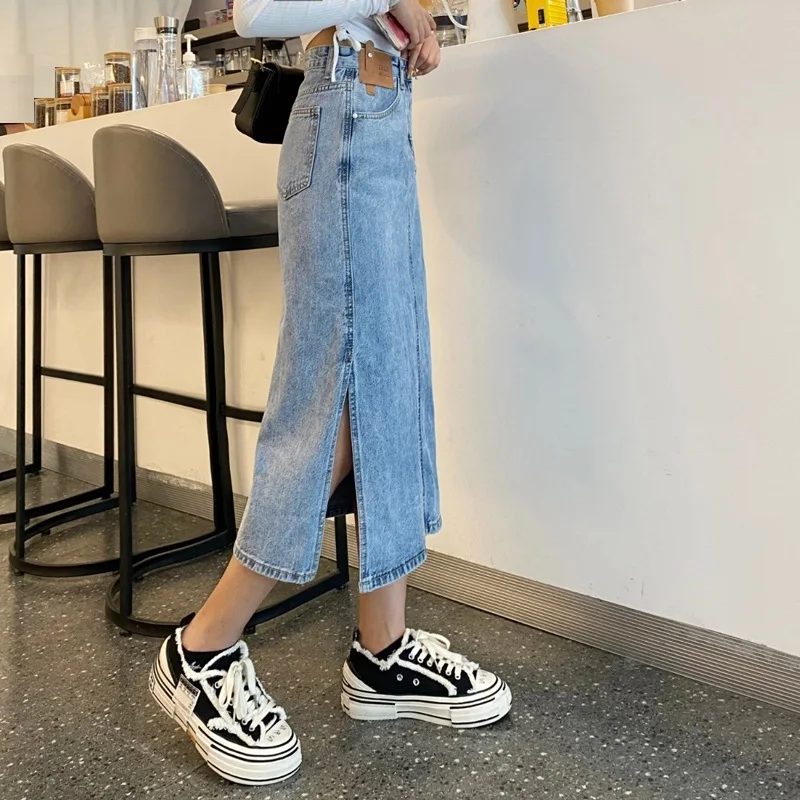 Women\'s Summer And Autumn New High Waist Split Wrapped Hip High Quality Soft Denim Skirt A-Line Mid Length Skirt