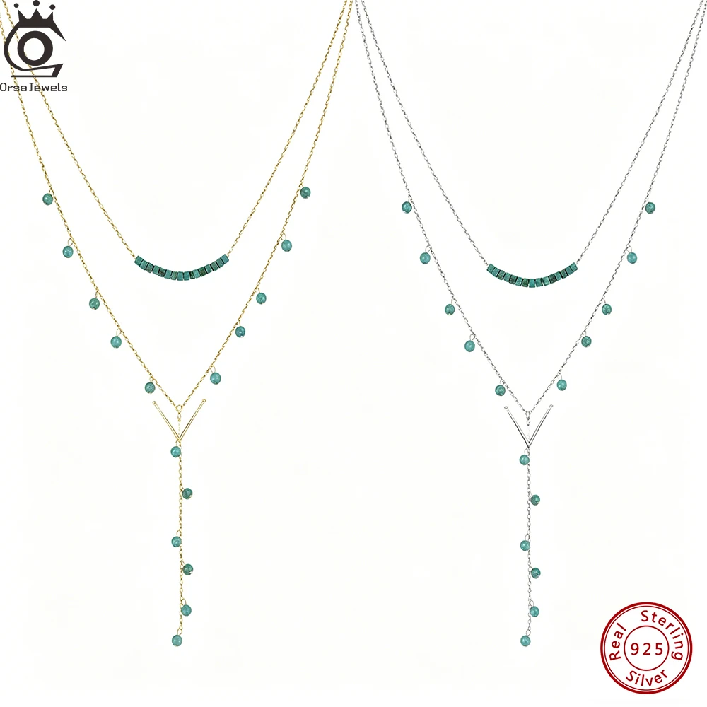 

ORSA JEWELS Elegant 925 Sterling Silver Layered Natural Turquoise Chain Necklace for Women Summer Sexy Jewelry Accessorry BQN32