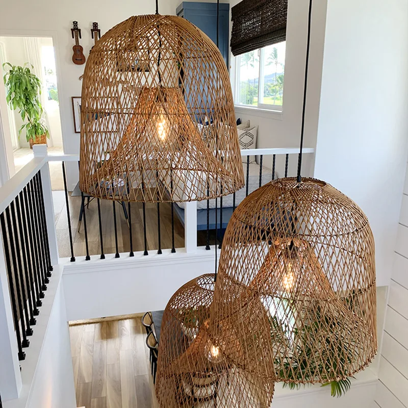 Japanese Style Wooden Woven Handmade Pendant Lights Rattan Pendant Lamp For Living Room Restaurant