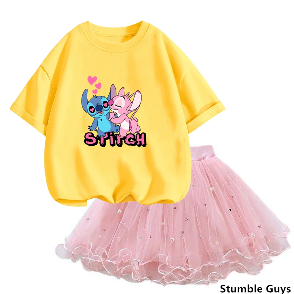 Kids Stitch Clothes Flower Flamingo T Shirt & Tutu Mesh Skirt Two Piece Pretty Korean Little Girls Clothing Set Fashion Outfits