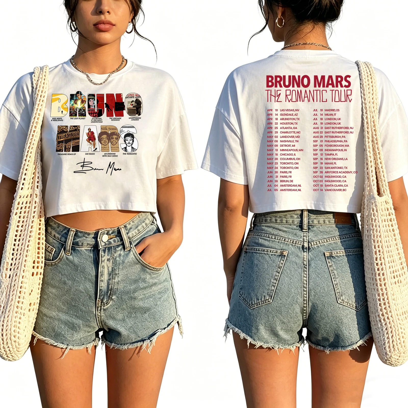 Bruno Mars The Romantic Tour 2026 Shirt Women O-Neck Short Sleeves Crop Tops T-shirt for Fans Gift