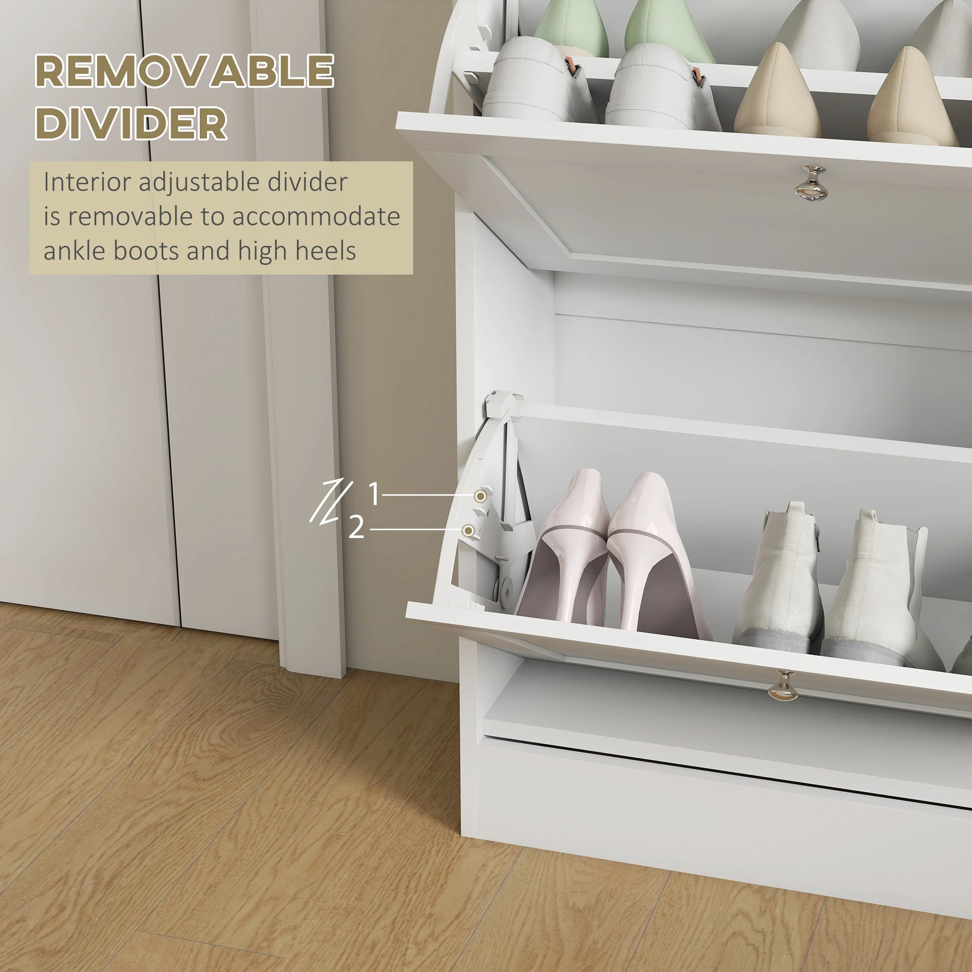 HOMCOM 2 Flip Drawer Narrow Shoe Cabinet with Adjustable Shelves, White
